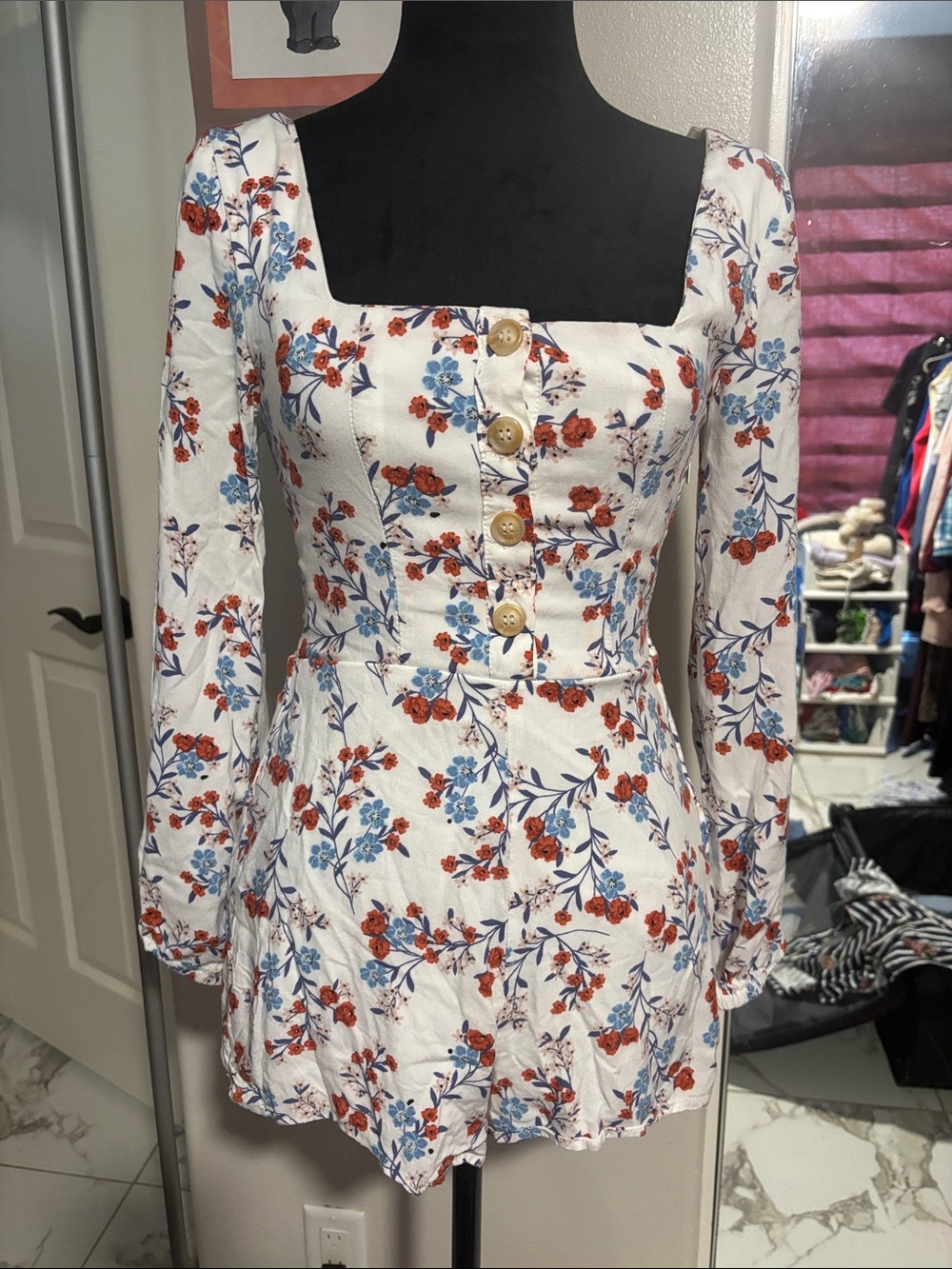 Forever 21 White Floral Square-Neck Long Sleeve Romper